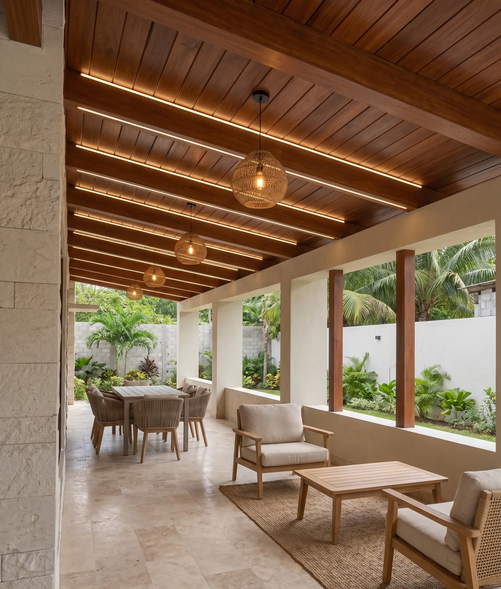 Terraza con plafón de madera con iluminación LED lineal integrada, columnas de madera y vista al jardín